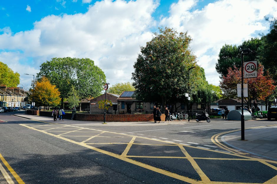 A daytime street scene on Coldharbour Lane in Brixton with a large mature tree and a small brick building in the background. Several pedestrians are walking along the pavement, some near bicycles parked against the building's wall. A black van is parked on the right side of the image, with its rear doors open, suggesting a loading or unloading process. The street has yellow cross-hatched markings indicating a no-parking zone, and a 20 mph speed limit sign is visible on a lamppost. The sky is partly cloudy with patches of blue, and the area appears to be part of a community setting suitable for local house removals, with Removal Van Brixton potentially involved in furniture transport and home relocation activities within the neighbourhood.